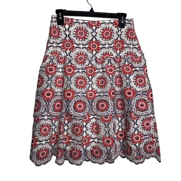 Eva Franco Skirt Size XS Red Blue White Brynn Embroidered Lace Cotton Blend